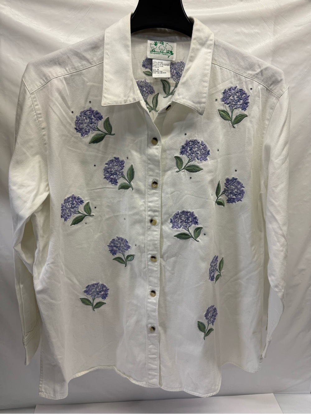 Quacker Factory White Button-Front Shirt with Purple Flower Embroidery